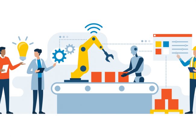 Smart industry production process with workers, robots and interactive interface